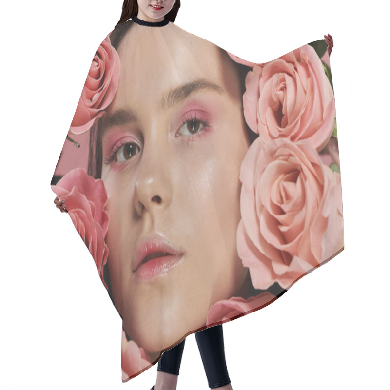 Personality  A Woman With Pink Eyeshadow Poses Surrounded By Pink Roses. Hair Cutting Cape