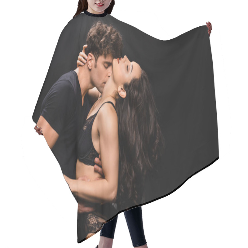 Personality  Handsome Man Hugging And Kissing Sexy Girlfriend In Black Lingerie Isolated On Black  Hair Cutting Cape