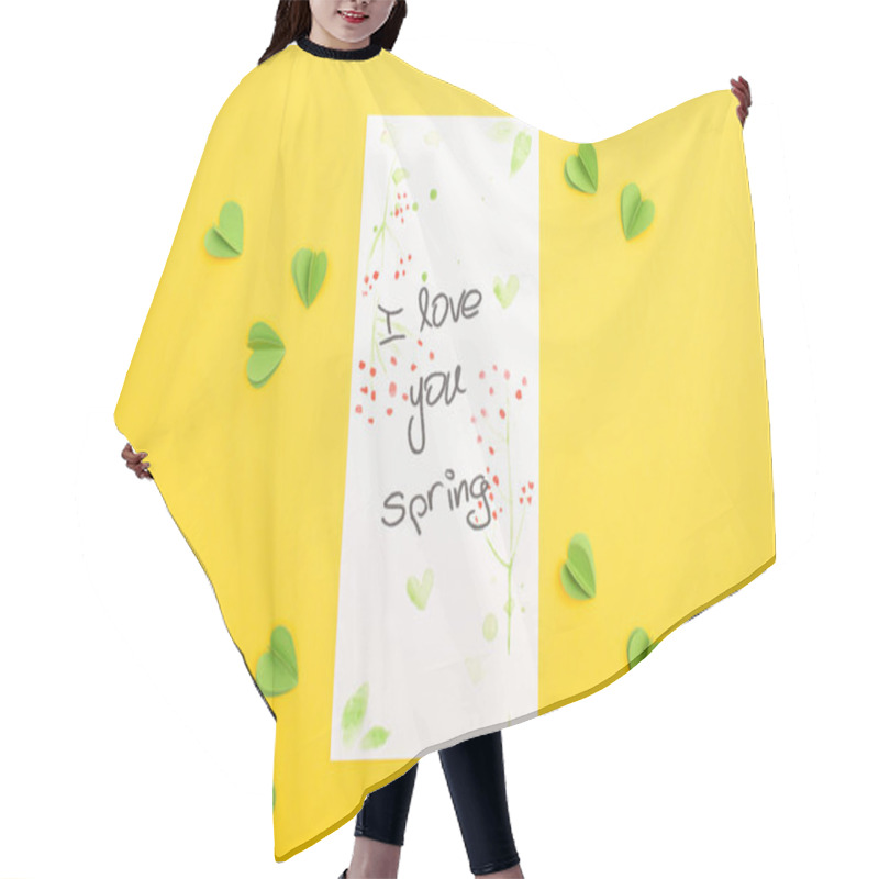 Personality  Top View Of Card With I Love You Spring Lettering And Decorative Green Hearts On Yellow Background Hair Cutting Cape