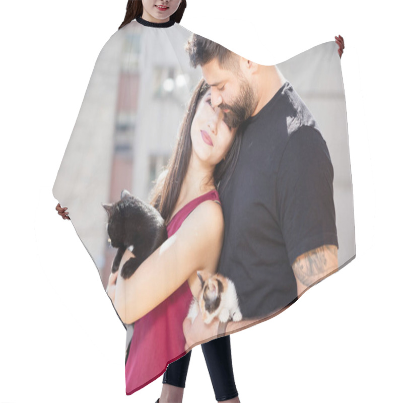 Personality  Young Couple Holding Cats In Hands On The Terrace Hair Cutting Cape