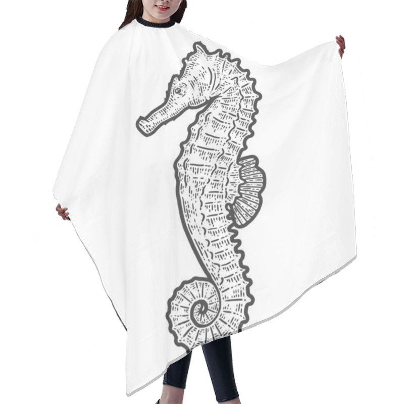 Personality  Seahorse Fish. Sketch Scratch Board Imitation. Black And White. Hair Cutting Cape