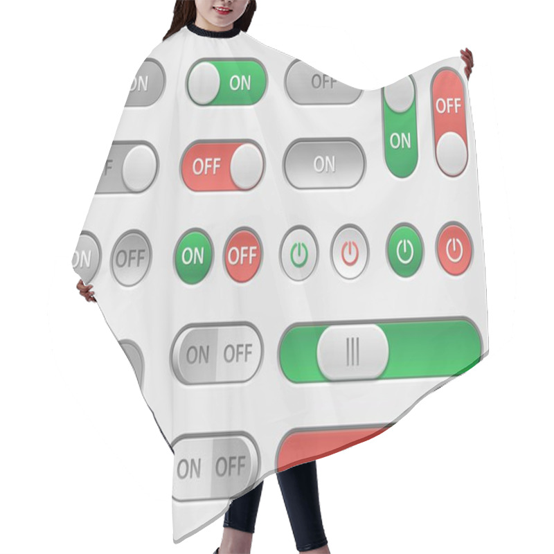 Personality  On Off Switch. User Interface Toggles And Sliders Touch Elements, Web Site And Phone Application Round Buttons. Vector Control Panel And Settings UI Set. Modern Device Template Elements Hair Cutting Cape