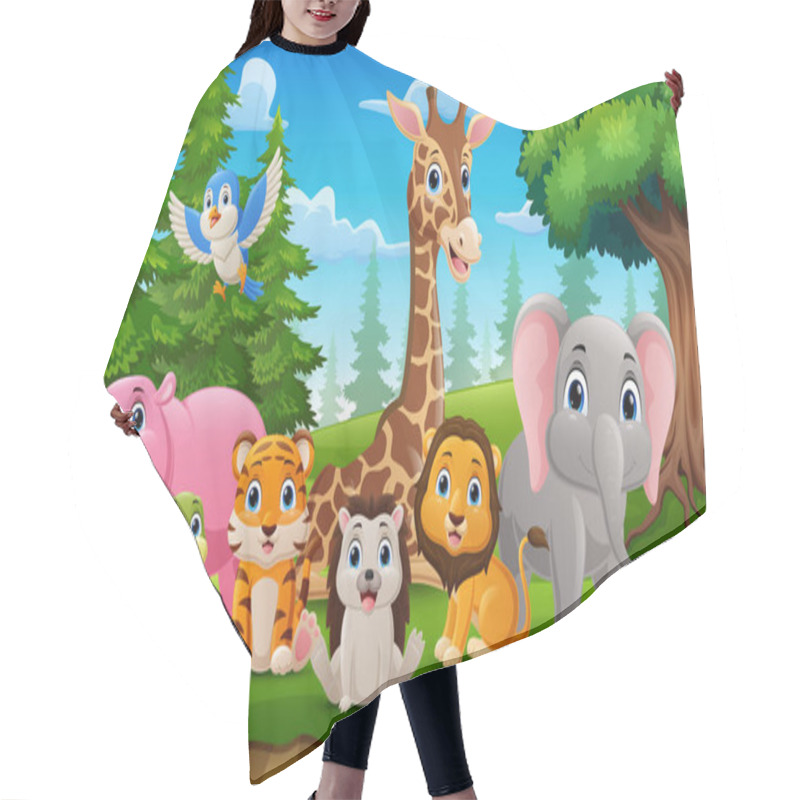 Personality  Vector Illustration Of Cute Wild Animals Cartoon In The Jungle Hair Cutting Cape