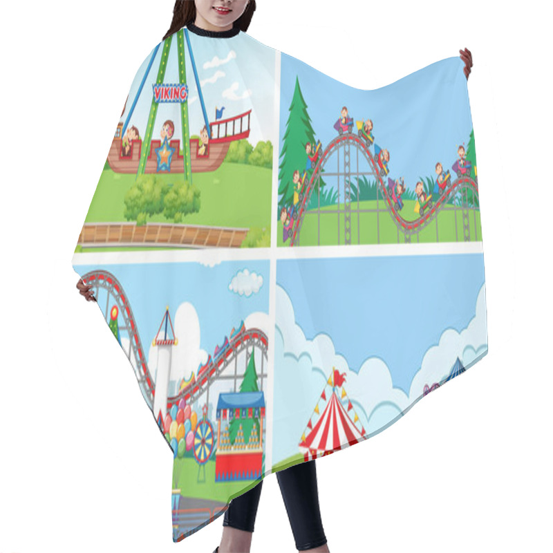 Personality  Four Scenes With Many Rides In The Fun Fair Illustration Hair Cutting Cape