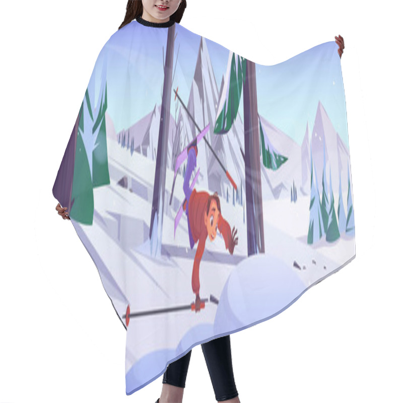 Personality  Teen Guy In Skis With Poles Fall And Fly Into Snowdrift. Cartoon Vector Danger Winter Vacation Activity On Snowy Mountains With Trees In Forest. Teenager Boy In Outfit Falling During Downhill Slope. Hair Cutting Cape