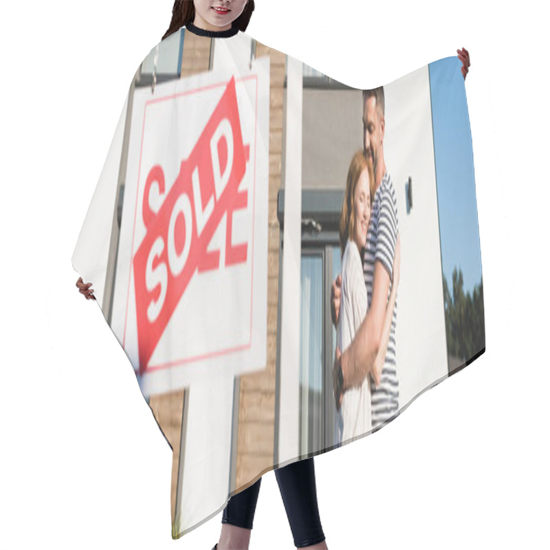 Personality  Smiling Couple Embracing While Standing Near Sign With Sold Lettering On Blurred Foreground, Banner Hair Cutting Cape