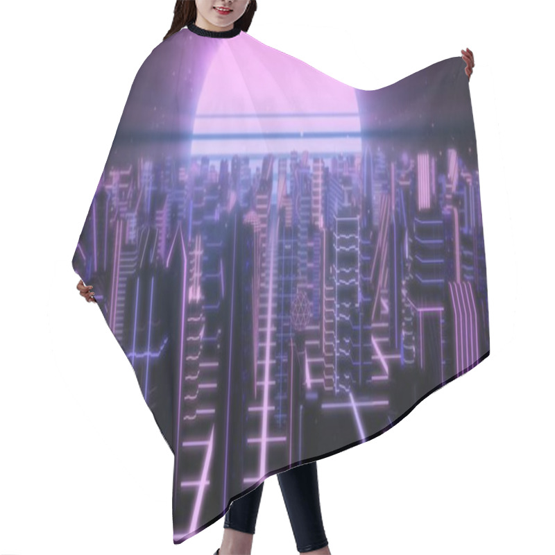 Personality  Fly Over Neon City Outrun Synthwave Buildings With 80s Retro Sun - Abstract Background Texture Hair Cutting Cape