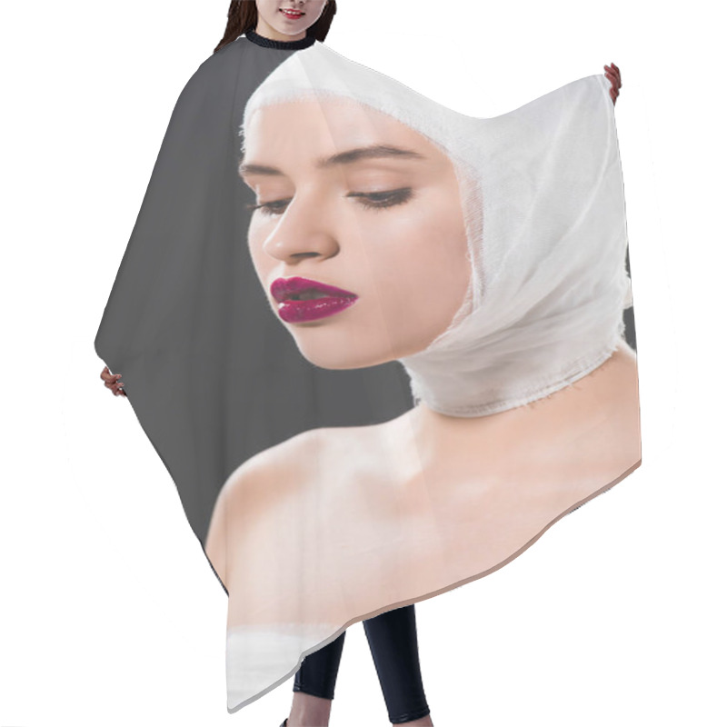 Personality  Attractive Young Woman With Bandaged Head Isolated On Grey  Hair Cutting Cape