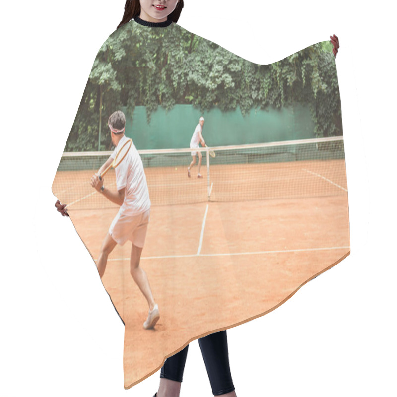 Personality  Sportsmen Playing Tennis With Wooden Rackets On Court Together Hair Cutting Cape