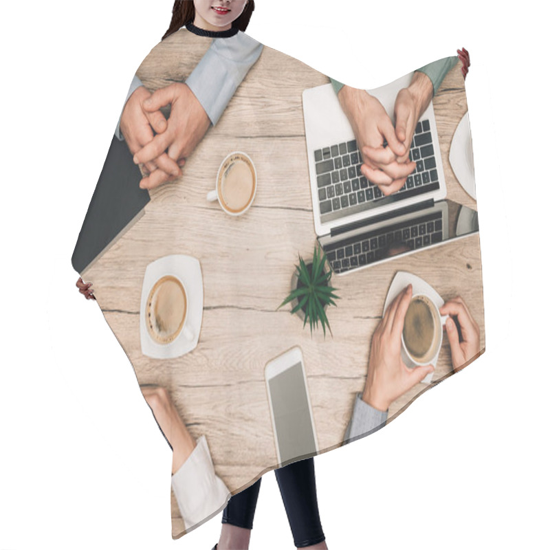 Personality  Top View Of Business People Drinking Coffee With Laptop, Smartphones And Documents On Table Hair Cutting Cape