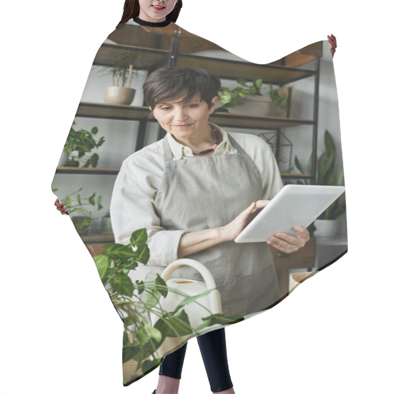 Personality  A Gardener Tends To Her Thriving Plants With A Tablet In Hand. Hair Cutting Cape