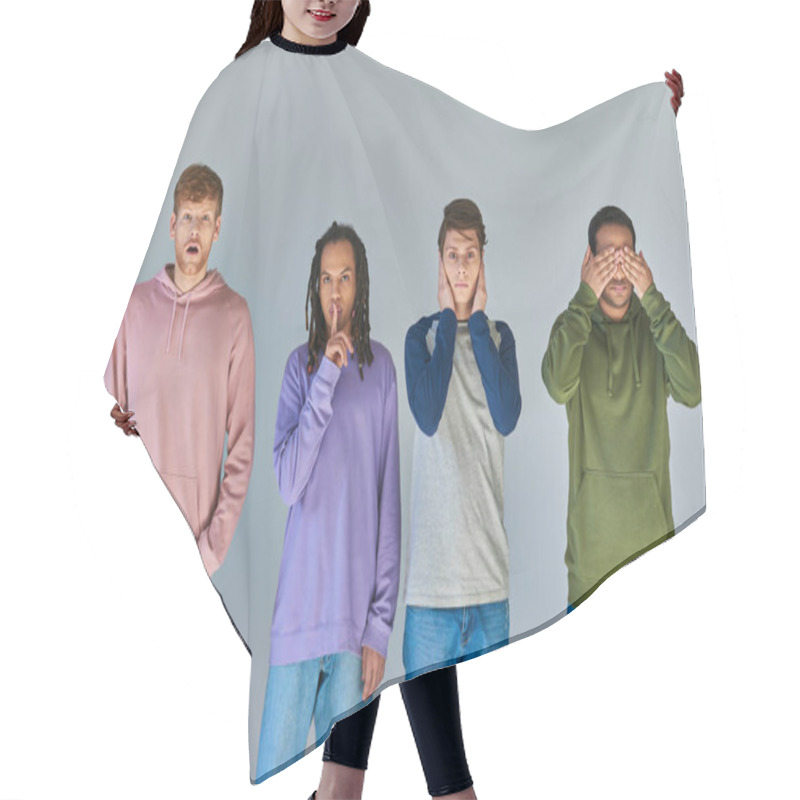 Personality  Four Friends In Casual Bright Attire Standing And Gesturing On Grey Background, Cultural Diversity Hair Cutting Cape