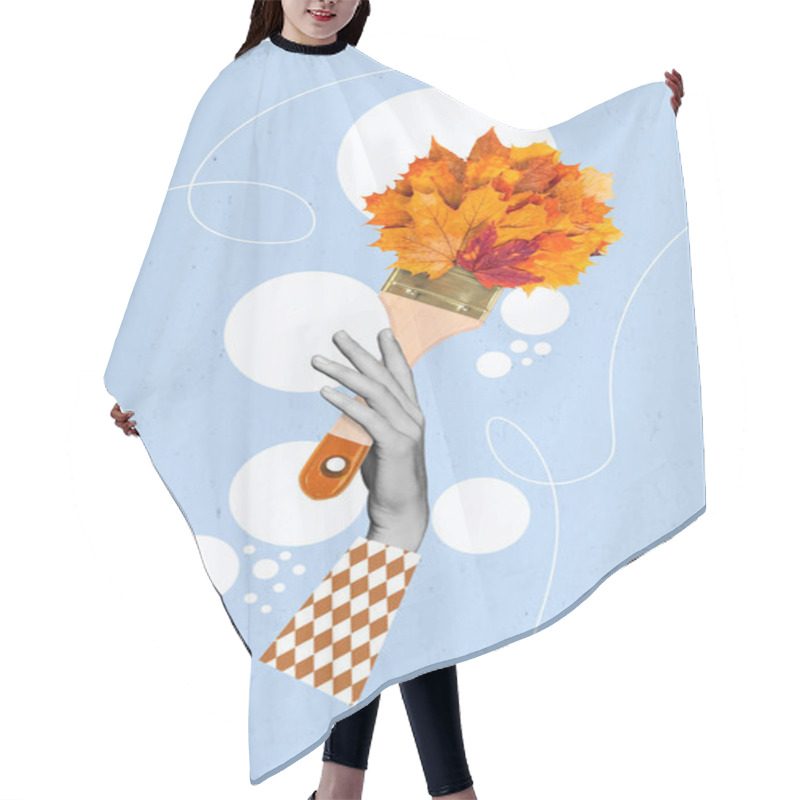 Personality  Collage Photo Of Abstract Creative Imagination Hand Hold Brush Tassel Autumn Leaves Fall Season Psychedelic Message Doodle Isolated On Painted Background. Hair Cutting Cape