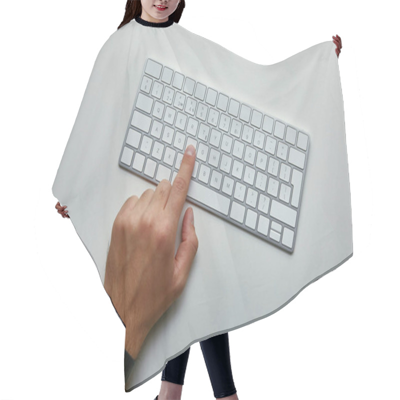 Personality  Cropped View Of Man Pushing Button On Computer Keyboard On Grey Background  Hair Cutting Cape