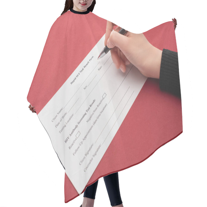 Personality  Partial View Of Woman Filling In Rapid HIV Test Result Form On Red Background Hair Cutting Cape