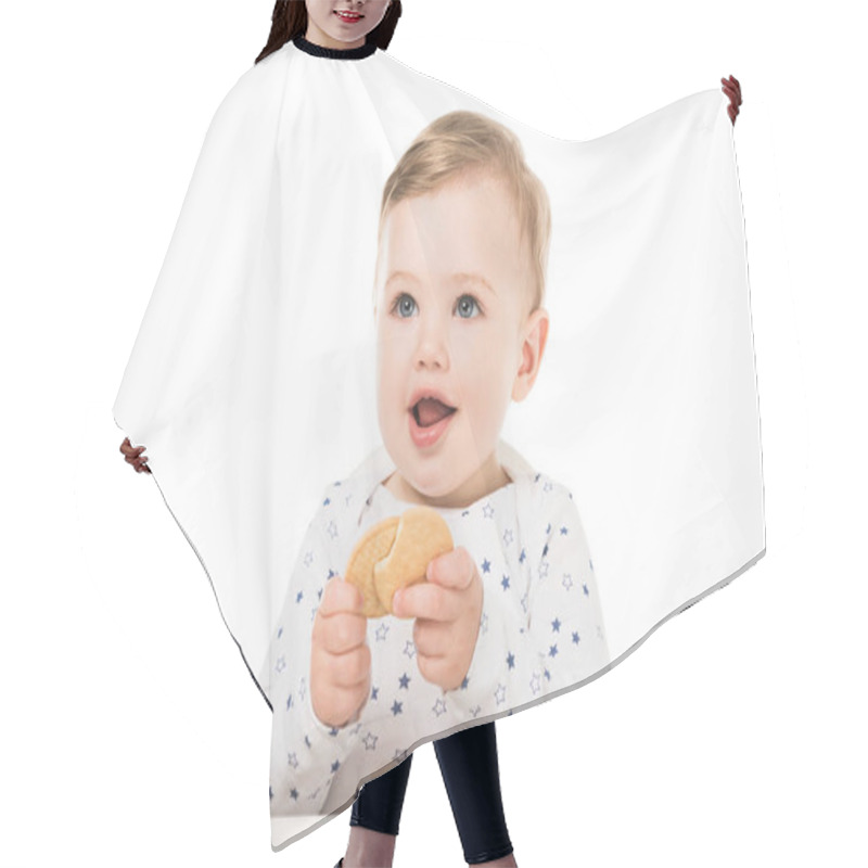 Personality  Smiling Little Boy With Cookies Sitting In Highchair Isolated On White Background  Hair Cutting Cape