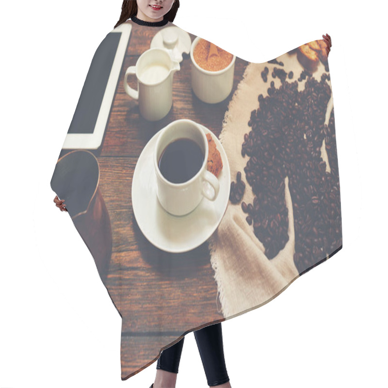 Personality  Morning Breakfast Stands On A Wooden Spacing, A Cup Of Strong Coffee Without Sugar, Crispy Biscuits, Near The Tray Plate, Scattered Coffee Beans Hair Cutting Cape