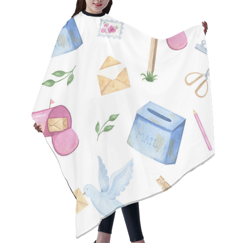 Personality  Watercolor Hand-drawn Mail Pattern With Mailboxes, Postmark, Scissors, Pencil, Envelope, Letter . Seamless Pattern On A White Background For Printing On Fabric, Scrapbooking, Wrapping Paper. Hair Cutting Cape