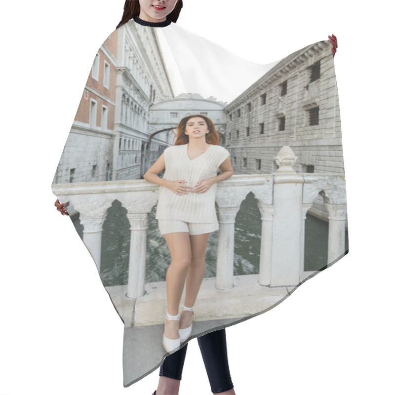 Personality  Full Length Of Young Woman Near Medieval Prison And Sighs Bridge In Venice Hair Cutting Cape