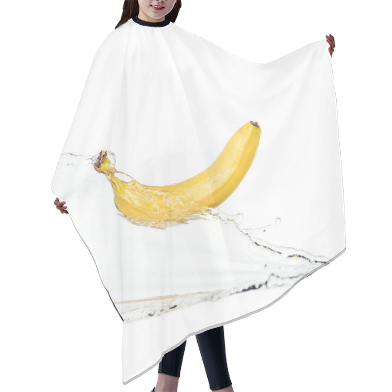 Personality  Whole Ripe Yellow Banana On Water Clear Stream Isolated On White Hair Cutting Cape