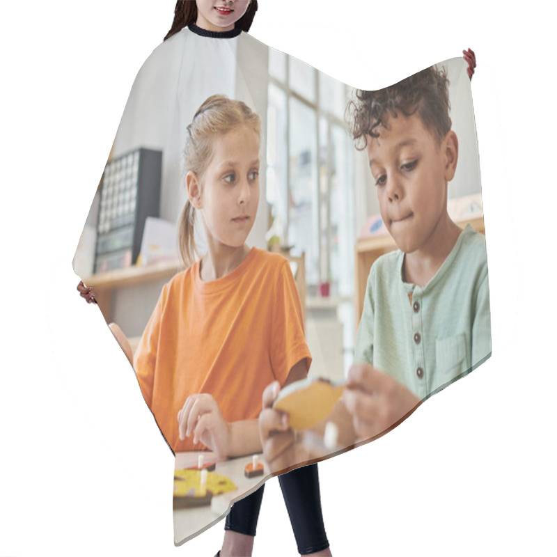 Personality  Interracial Children Playing With Didactic Montessori Material In School, Learn Through Play, Fun Hair Cutting Cape