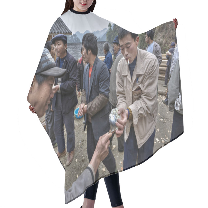 Personality  Chinese People Taking Rice His Hands On A Rural Celebration. Hair Cutting Cape