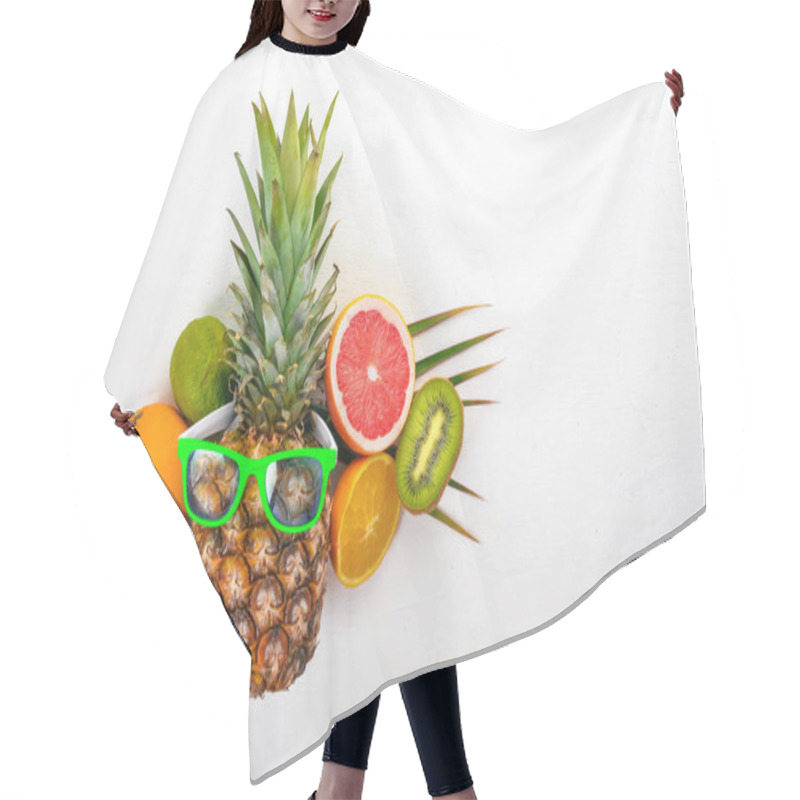 Personality  Fresh Tropical Fruits. Coconut, Pineapple, Kiwi And Grapefruit. On A Wooden Background. Top View. Free Space For Text. Hair Cutting Cape