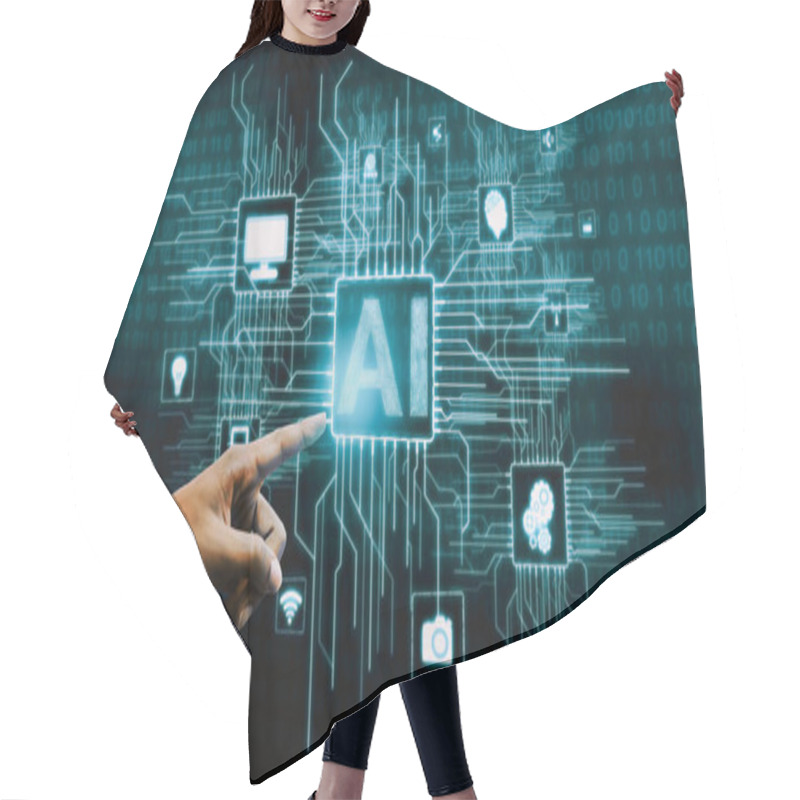 Personality  AI Learning And Artificial Intelligence Concept - Icon Graphic Interface Showing Computer, Machine Thinking And AI Artificial Intelligence Of Digital Robotic Devices. Hair Cutting Cape