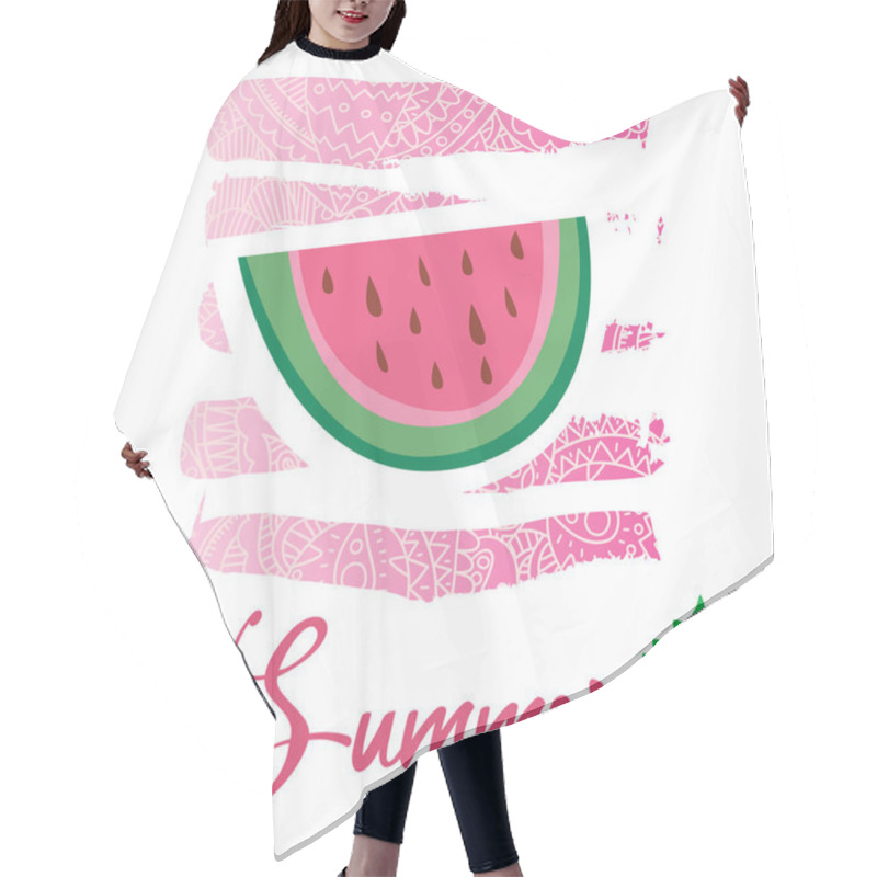 Personality  Vector Cartoon Style Flyer T-shirt Print Card Design With Trendy Summer Tasty Juicy Watermelon Fruit Slice On Elegant Pink Lace Gradient Strokes Hair Cutting Cape