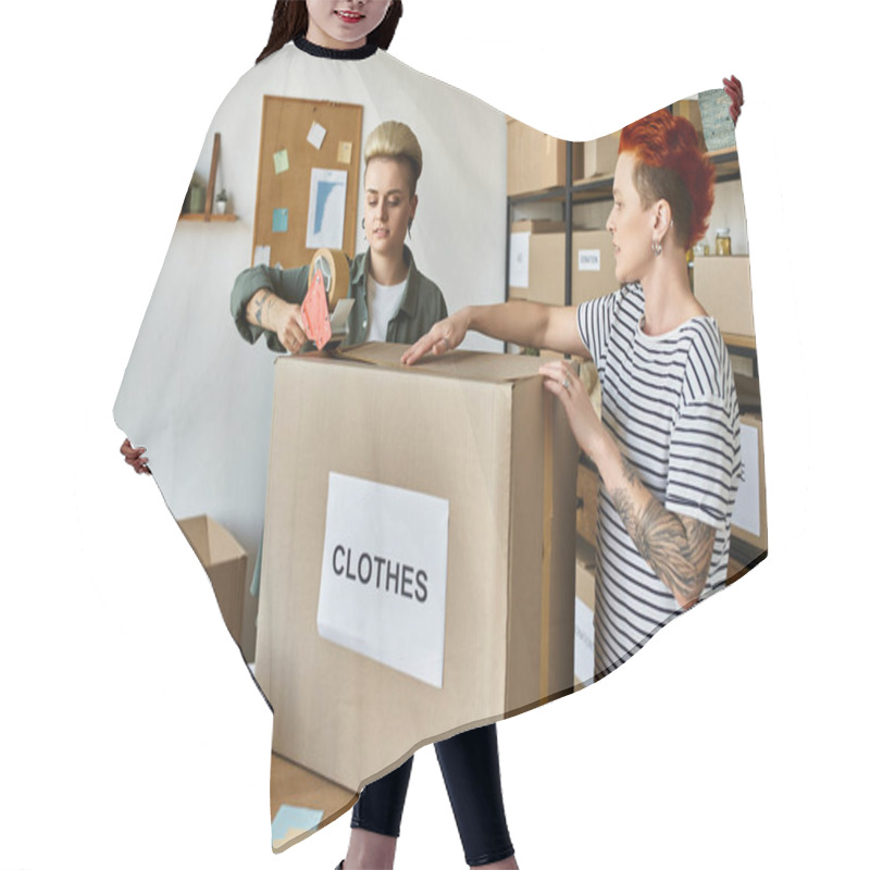 Personality  Couple Unpack Boxes Together In A Room, Displaying Teamwork And Cooperation. Hair Cutting Cape