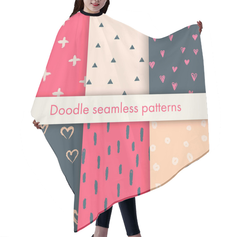 Personality  Set Of Vector Memphis Doodle Backgrounds With Hearts, Crosses, Triangles, Circles, Dots, Made Of Brush Stroke. Hair Cutting Cape