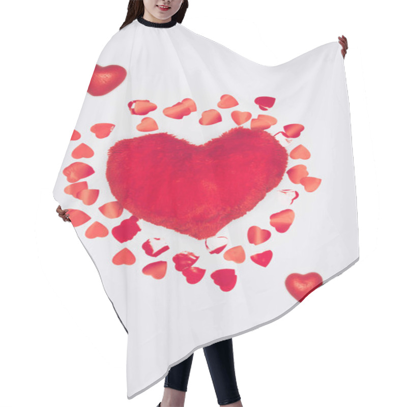 Personality  Top View Of Furry Pillow In Shape Of Heart Surrounded Iwth Tiny Hearts Isolated On White Hair Cutting Cape