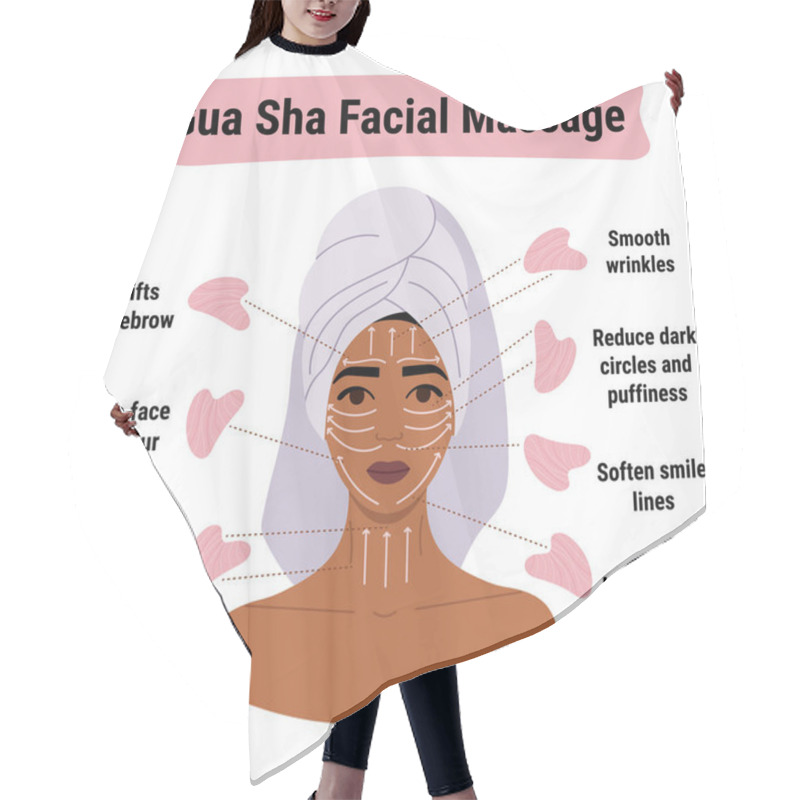 Personality  How To Do Gua Sha Massage Infographic. Facial Massage Direction Scheme. Portrait Of Young African Woman In Towel On Head With Rose Quartz Gua Sha Scraper. Hand Drawn Vector Illustration.  Hair Cutting Cape