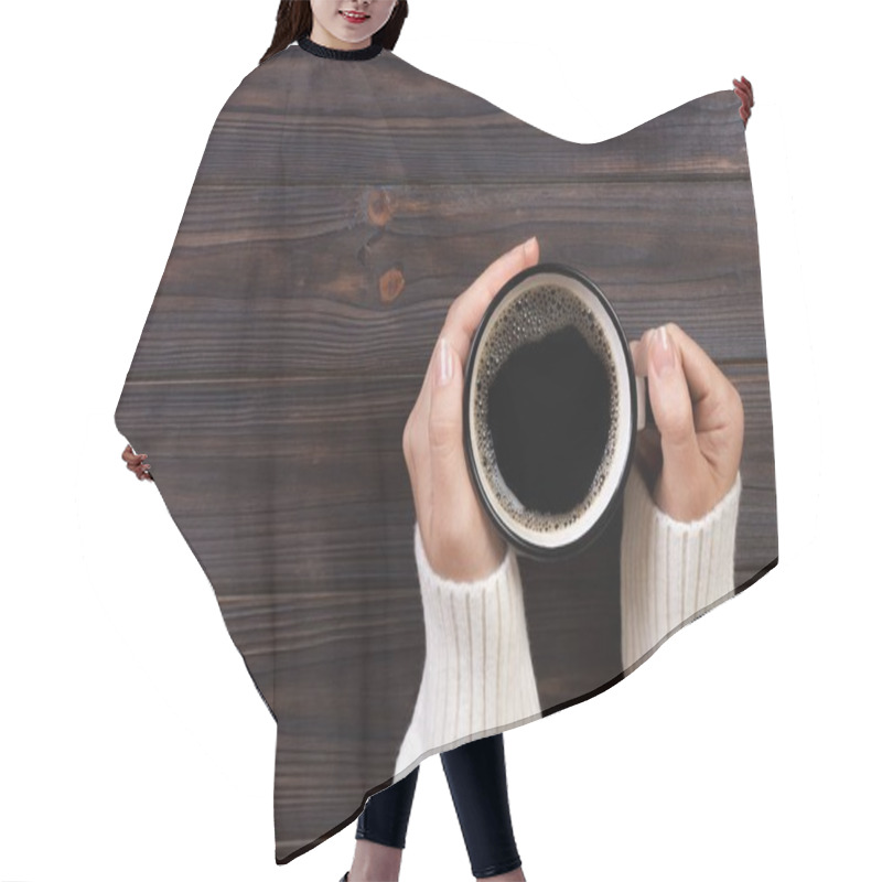 Personality  Lonely Woman Drinking Coffee In The Morning, Top View Of Female Hands Holding Cup Of Hot Beverage On Wooden Desk Hair Cutting Cape