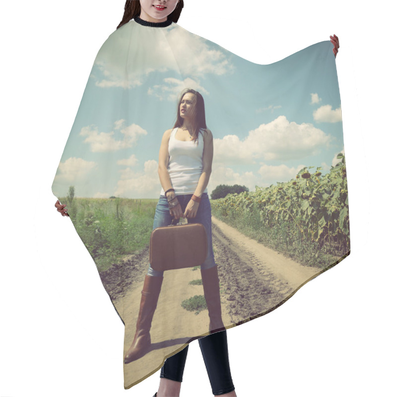 Personality  Young Woman With Retro Suitcase Hair Cutting Cape