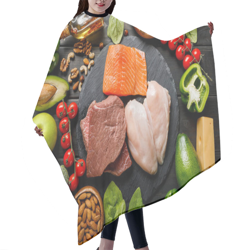 Personality  Top View Of Raw Salmon, Meat And Chicken Breasts On Wooden Black Table With Vegetables And Nuts, Ketogenic Diet Menu Hair Cutting Cape