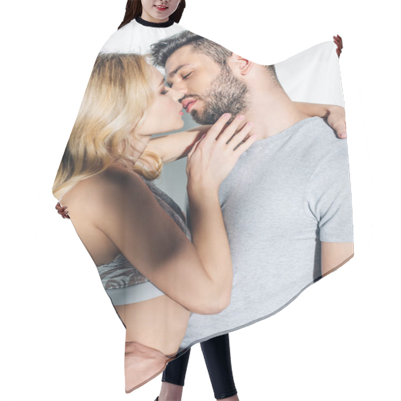 Personality  Attractive Blonde Woman Kissing With Handsome Man On White  Hair Cutting Cape