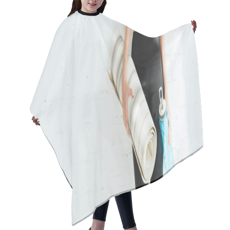 Personality  Cropped View Of Young Woman Holding Yoga Mat And Sports Bottle, Panoramic Shot Hair Cutting Cape