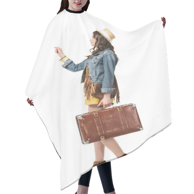 Personality  Side View Of Boho Girl In Straw Hat Holding Suitcase Isolated On White Hair Cutting Cape