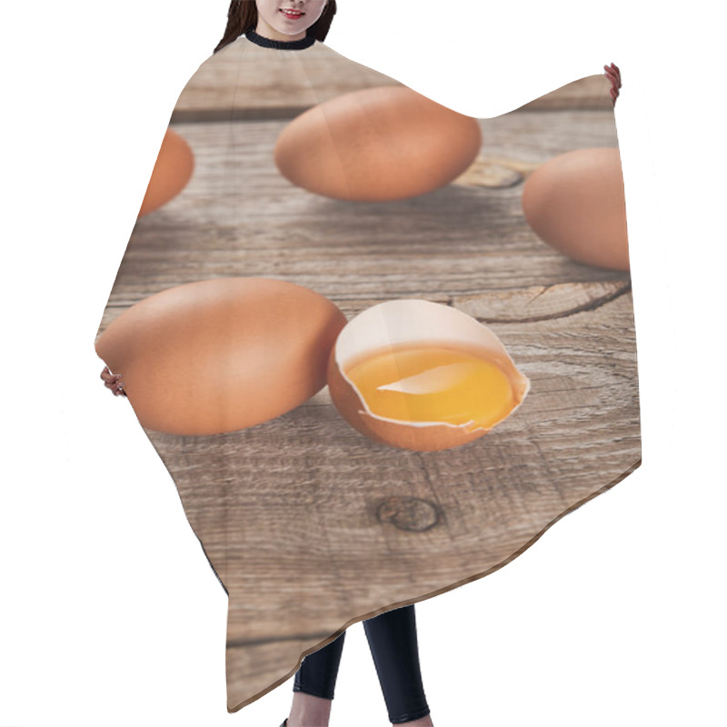 Personality  Broken Eggshell With Yellow Yolk Near Eggs On Wooden Table Hair Cutting Cape