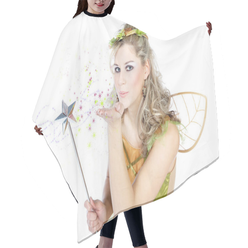 Personality  Pretty Blond Woman In Fairy Costume Hair Cutting Cape