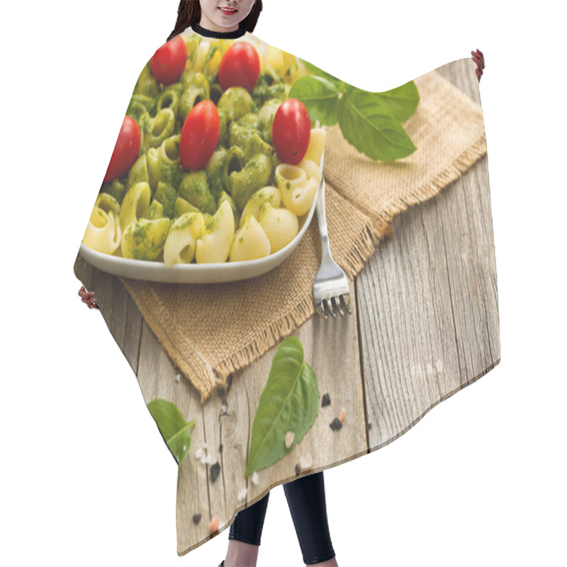 Personality  Traditional Basil Pesto Dish With Cherry Tomatoes On Rustic Wood Hair Cutting Cape