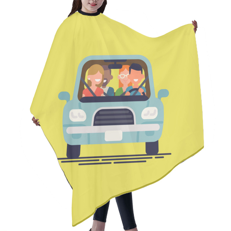 Personality  Cool Flat Vector Illustration On Carpool With Simplified Driver And Passengers Characters. Diverse Group Of People Shares Car, Front View Hair Cutting Cape