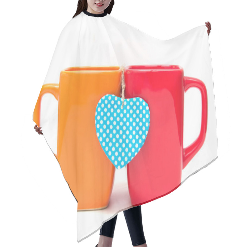 Personality  Two Cups Of Tea With Heart Shape Isolated On White. Hair Cutting Cape