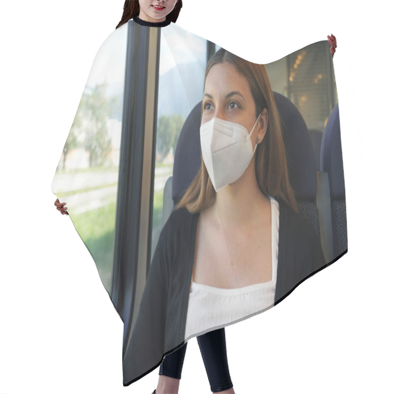 Personality  Travel Safely On Public Transport. Young Woman With KN95 FFP2 Face Mask Looking Through Train Window. Train Passenger With Protective Mask. Hair Cutting Cape