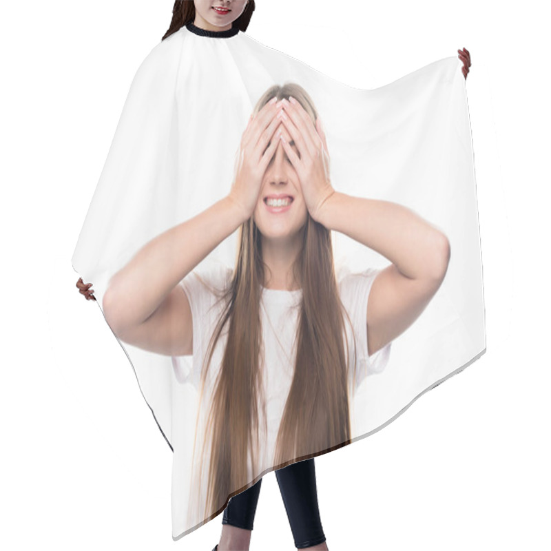 Personality  Girl Covering Eyes With Hands Hair Cutting Cape