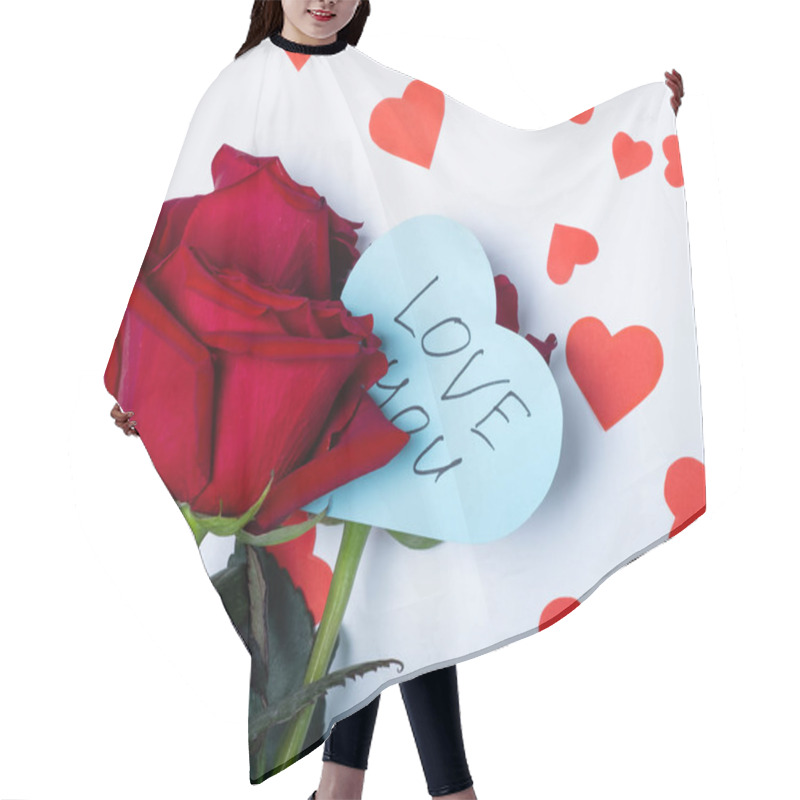 Personality  Greeting Card With A Declaration Of Love Among Red Roses On A White Background. Valentine's Day Gift Concept. Hair Cutting Cape