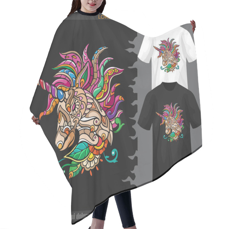 Personality  Unicorn Head Mandala Arts Isolated On Black And White T Shirt. Hair Cutting Cape