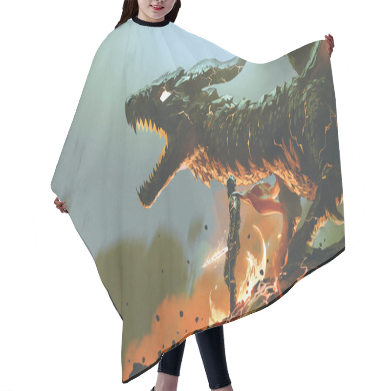 Personality  Knight With The Light Sword Standing Near The Giant Fire Dragon, Digital Art Style, Illustration Painting Hair Cutting Cape