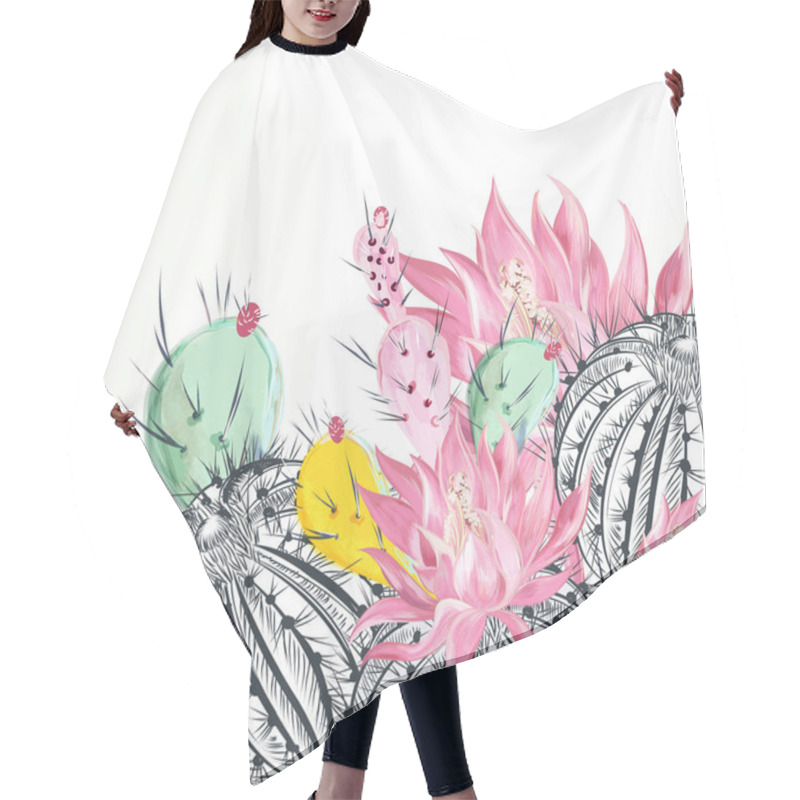 Personality  Beautiful Vector Illustration With Cactus Plants And Flowers Hair Cutting Cape